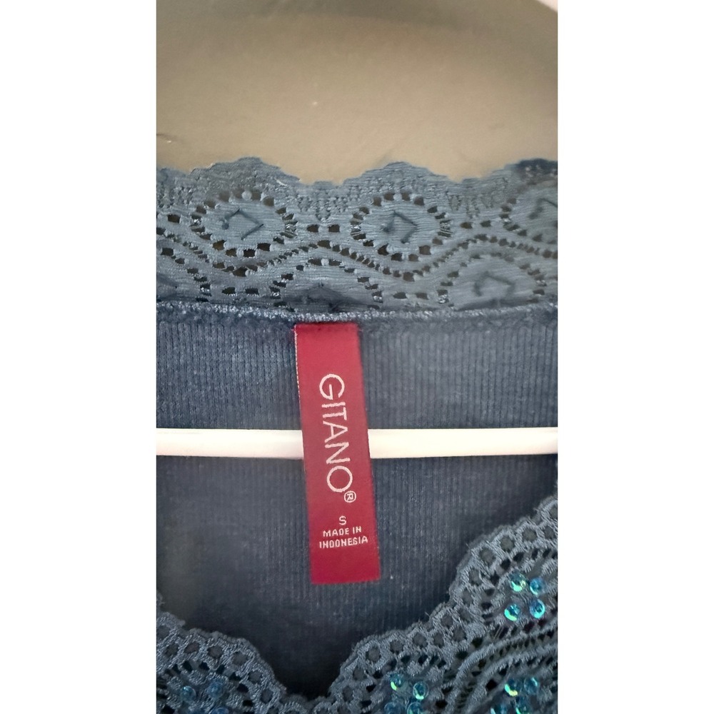 Gitano Womens Vintage Y2k Ribbed V-Neck Top Blue Lace Sequin Trim Fairy Small - Picture 8 of 8